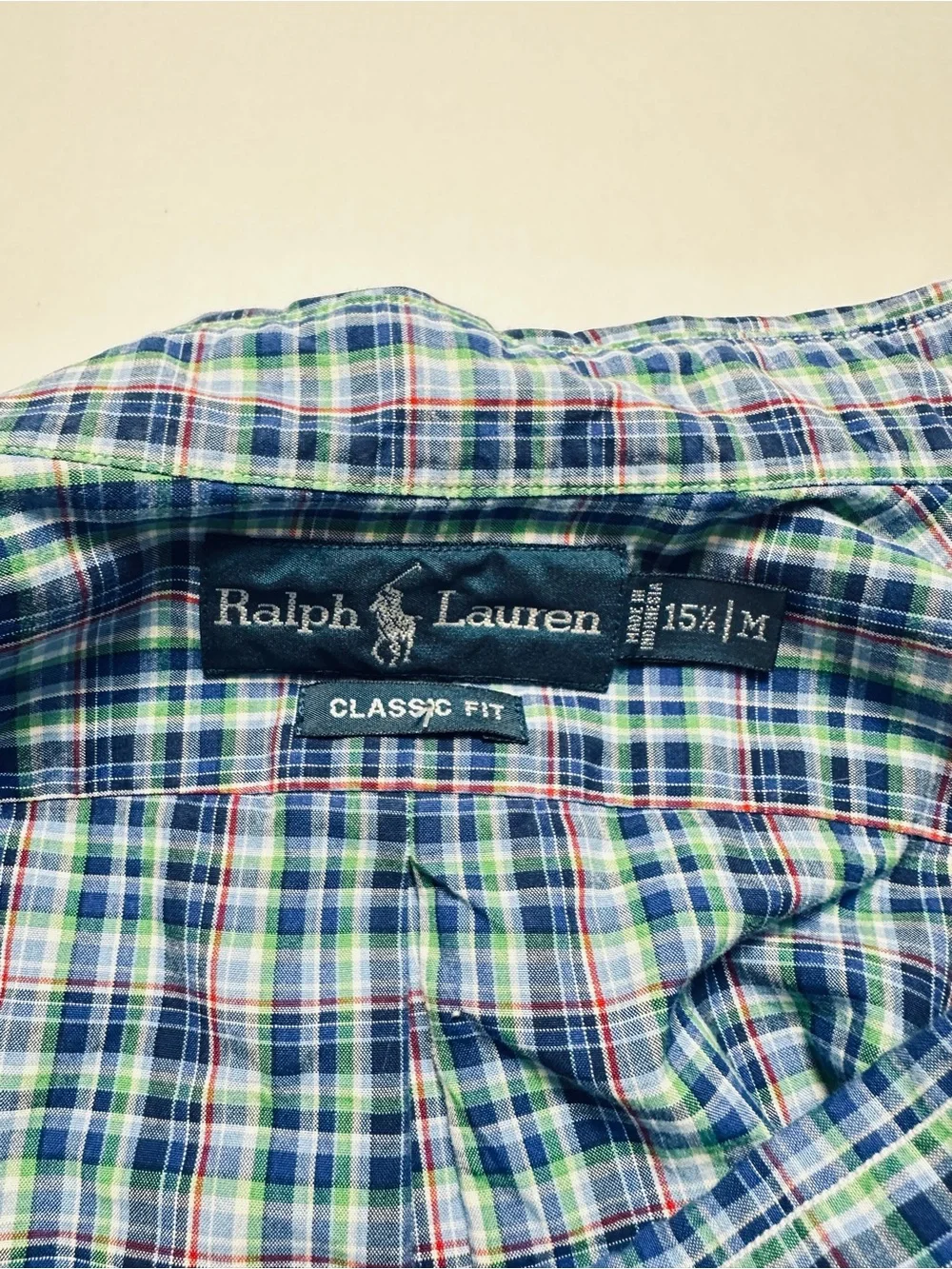 Ralph Lauren Classic Fit Plaid Button Down Shirt 15.5 Blue Cotton Red Pony